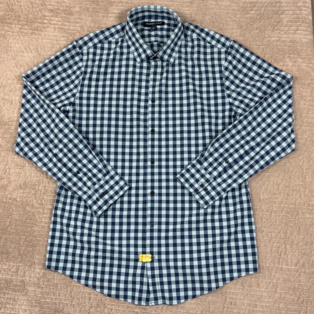 Mizzen+Main Leeward Trim Fit Dress Shirt XL Navy Blue Gingham 1WS-0997
